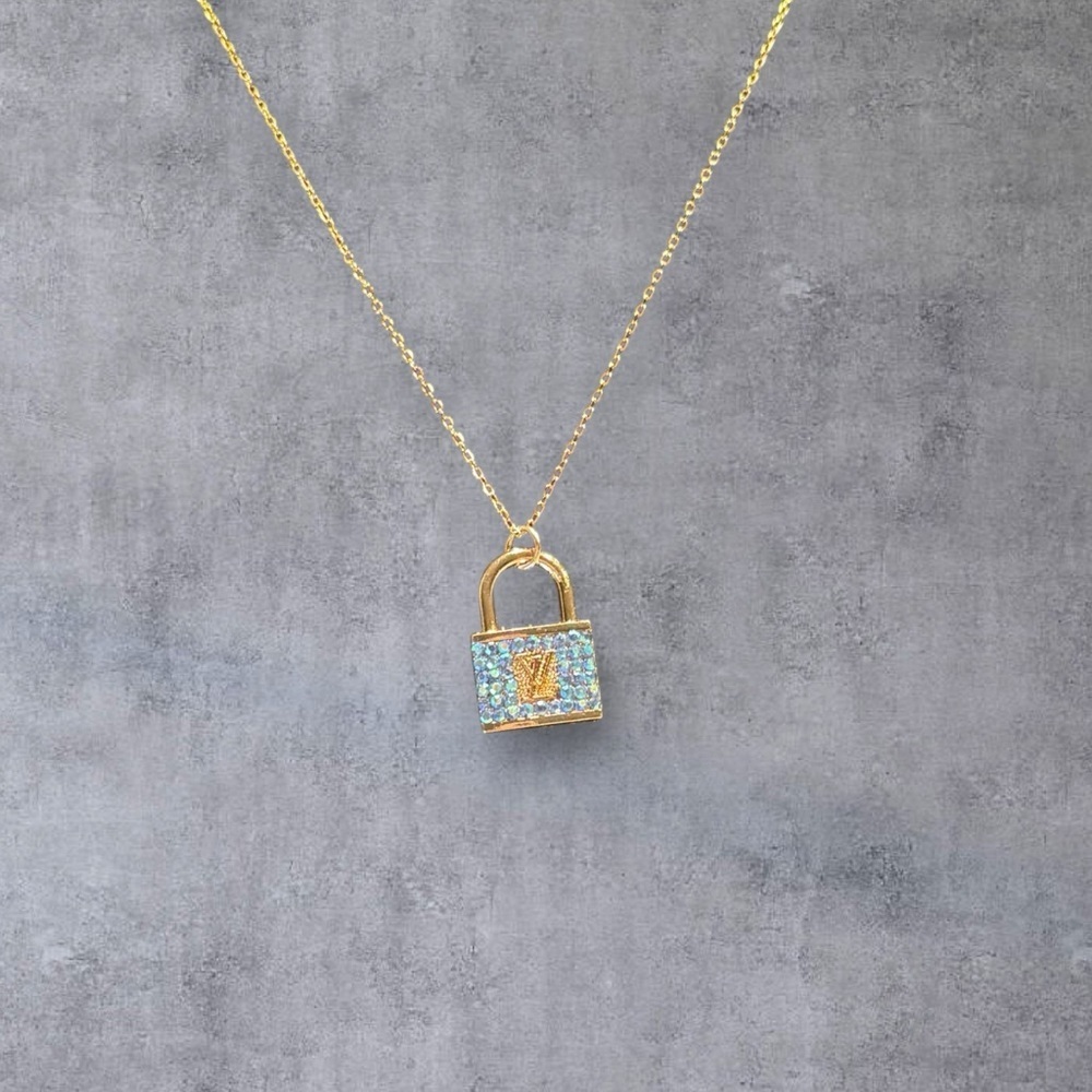 Upcycled Louis Vuitton Gold and Blue Padlock Pendant Necklace - Picture 2 of 3